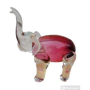Rossi Glass Handmade Elephant Cranberry Art Glass Trunk Up 8" Tall